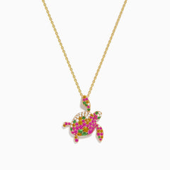 This 14K rose gold turtle pendant features pink and yellow sapphires, tsavorite, and sparkling diamonds for a dazzling look.