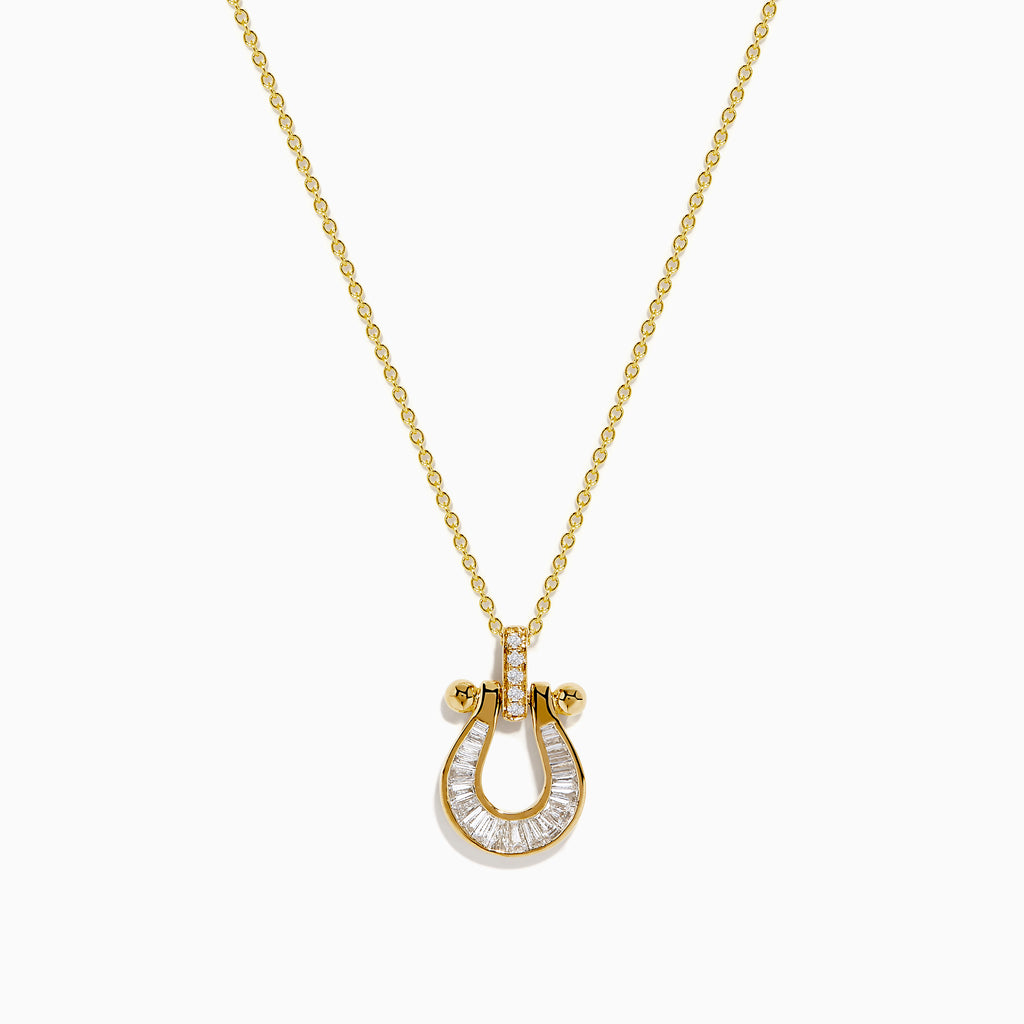 The DOro 14K Yellow Gold Diamond Horseshoe Pendant features a delicate yellow gold chain with a horseshoe pendant adorned with small, clear baguette-cut diamonds and elegant gold accents.