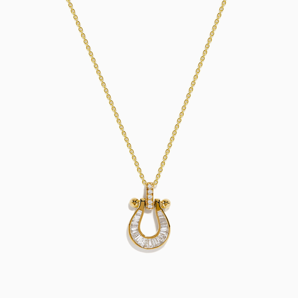 The DOro 14K Yellow Gold Diamond Horseshoe Pendant features a delicate yellow gold chain with a horseshoe pendant adorned with small, clear baguette-cut diamonds and elegant gold accents.