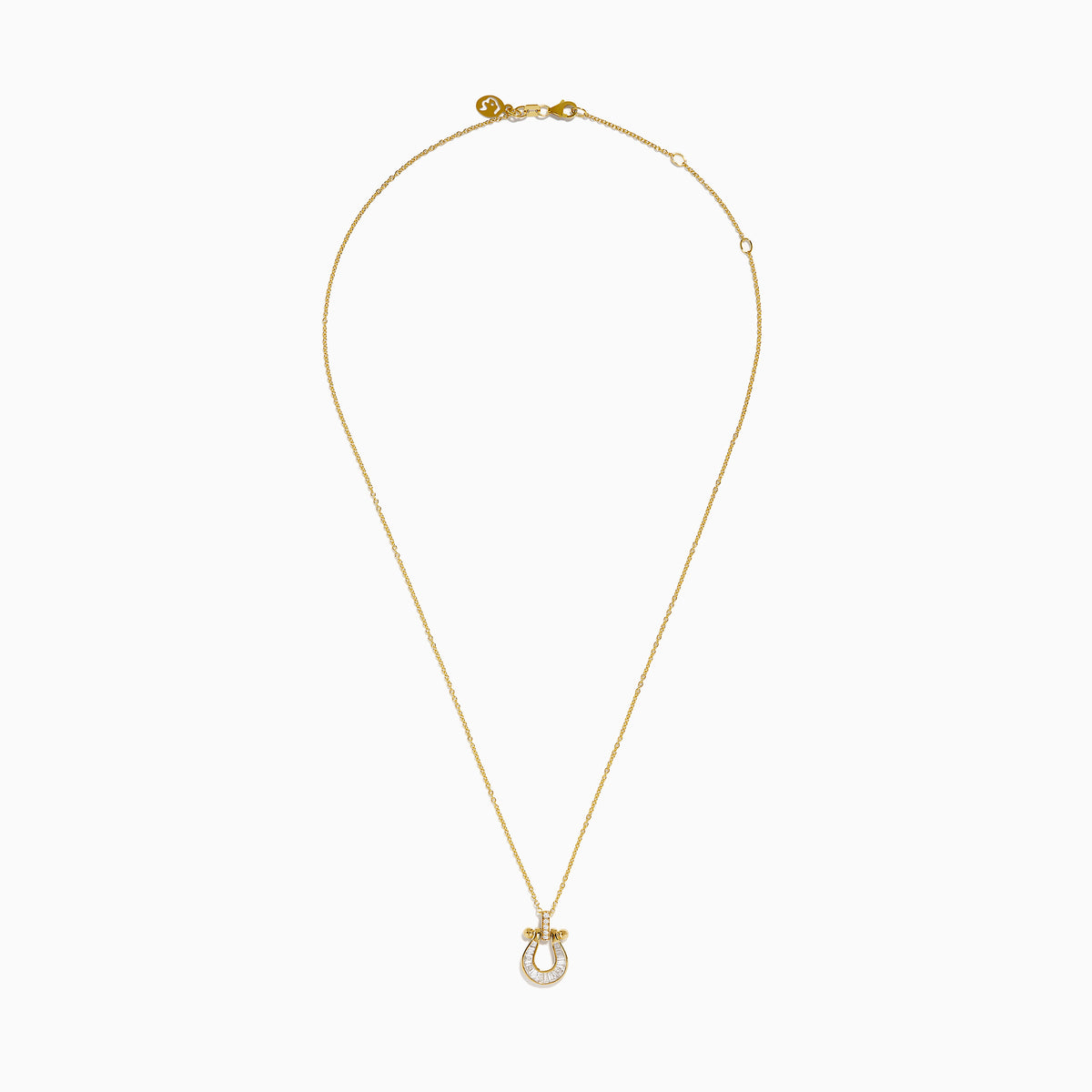 The DOro 14K Yellow Gold Diamond Horseshoe Pendant features a delicate yellow gold chain with a horseshoe pendant adorned with small, clear baguette-cut diamonds and elegant gold accents.