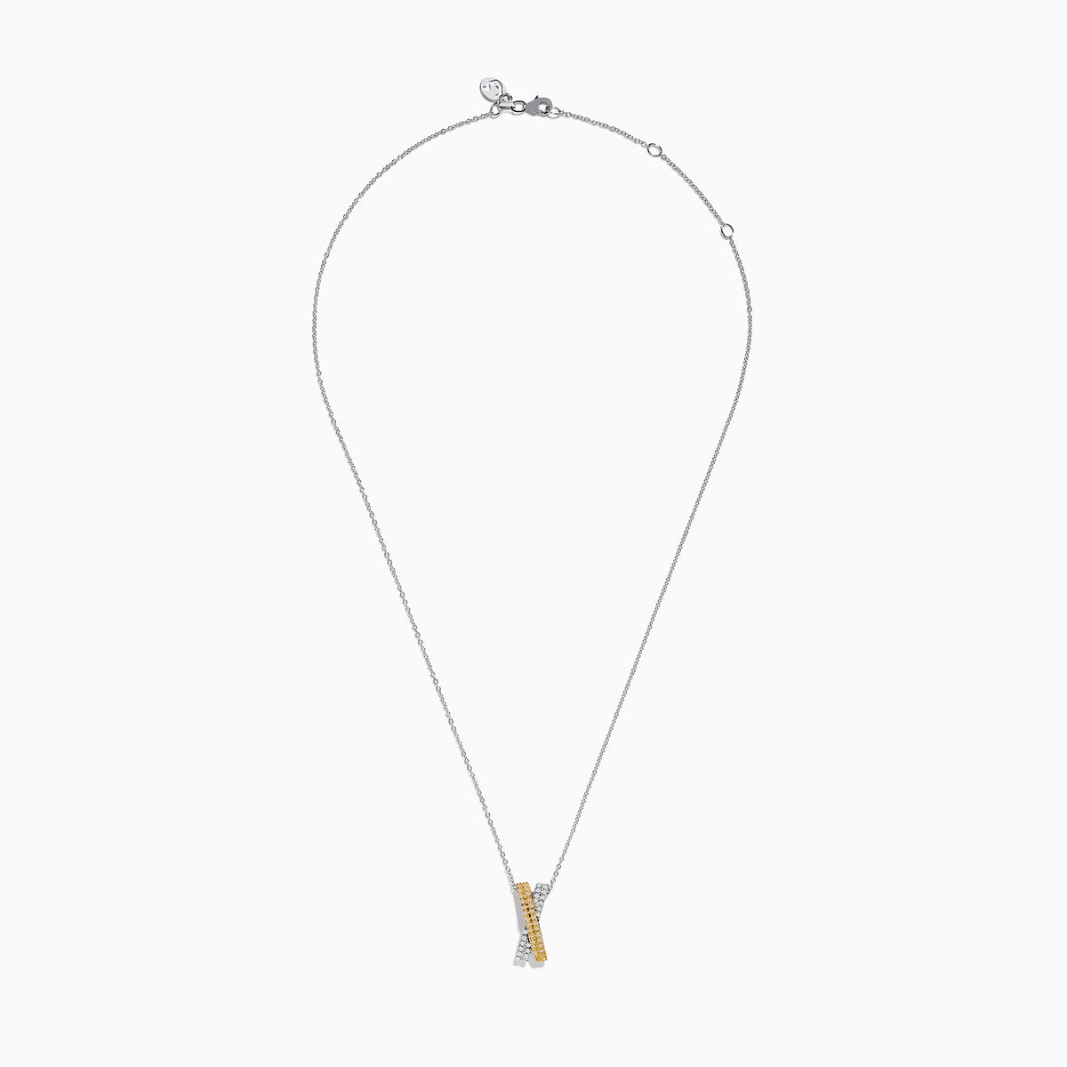 The 14K Two Tone Gold White and Yellow Diamond Criss Cross Pendant features an elegant X design with intersecting bars of white and yellow diamonds.