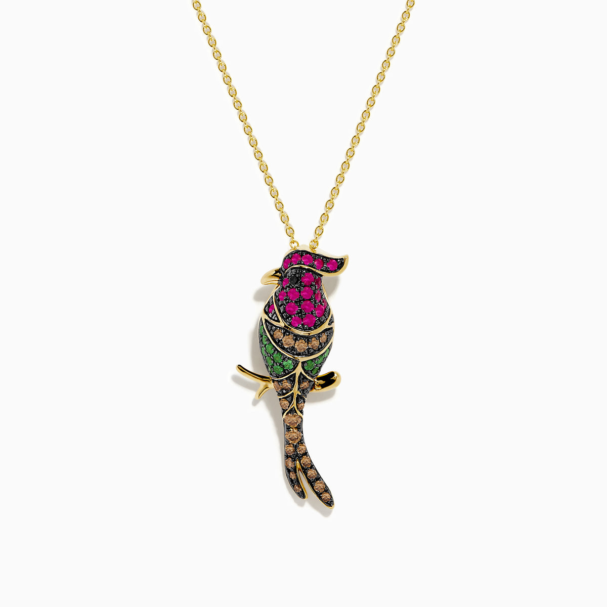 The Safari 14K Yellow Gold Ruby Tsavorite and Diamond Cardinal Pendant features a bird-shaped design with colorful ruby, green tsavorite, and diamond accents, shown on a yellow gold chain against a plain white background.