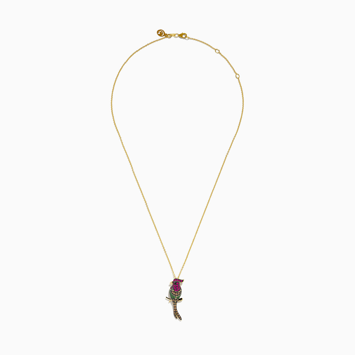 The Safari 14K Yellow Gold Ruby Tsavorite and Diamond Cardinal Pendant features a bird-shaped design with colorful ruby, green tsavorite, and diamond accents, shown on a yellow gold chain against a plain white background.