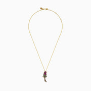 The Safari 14K Yellow Gold Ruby Tsavorite and Diamond Cardinal Pendant features a bird-shaped design with colorful ruby, green tsavorite, and diamond accents, shown on a yellow gold chain against a plain white background.