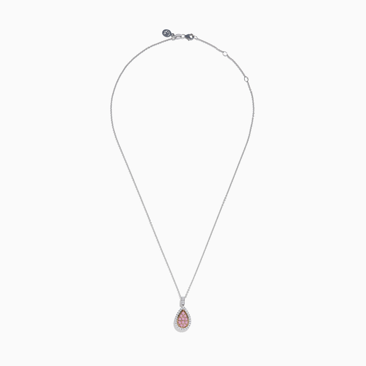 A 14K two tone gold pendant with a teardrop-shaped design, featuring pink and white diamonds at the center and surrounded by clear stones, hanging on a silver chain necklace.