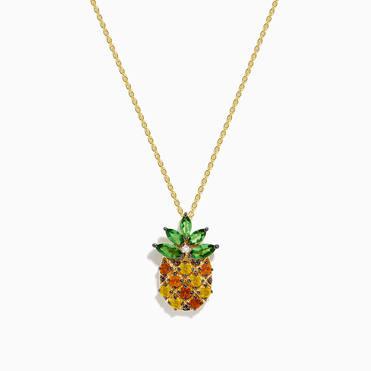 The 14K Yellow Gold Multi Sapphire, Tsavorite, and Diamond Pineapple Pendant features a colorful fruit-inspired design on a delicate chain—a vibrant statement accessory.