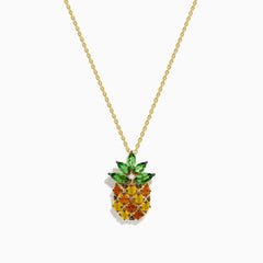 The 14K Yellow Gold Multi Sapphire, Tsavorite, and Diamond Pineapple Pendant features a colorful fruit-inspired design on a delicate chain—a vibrant statement accessory.