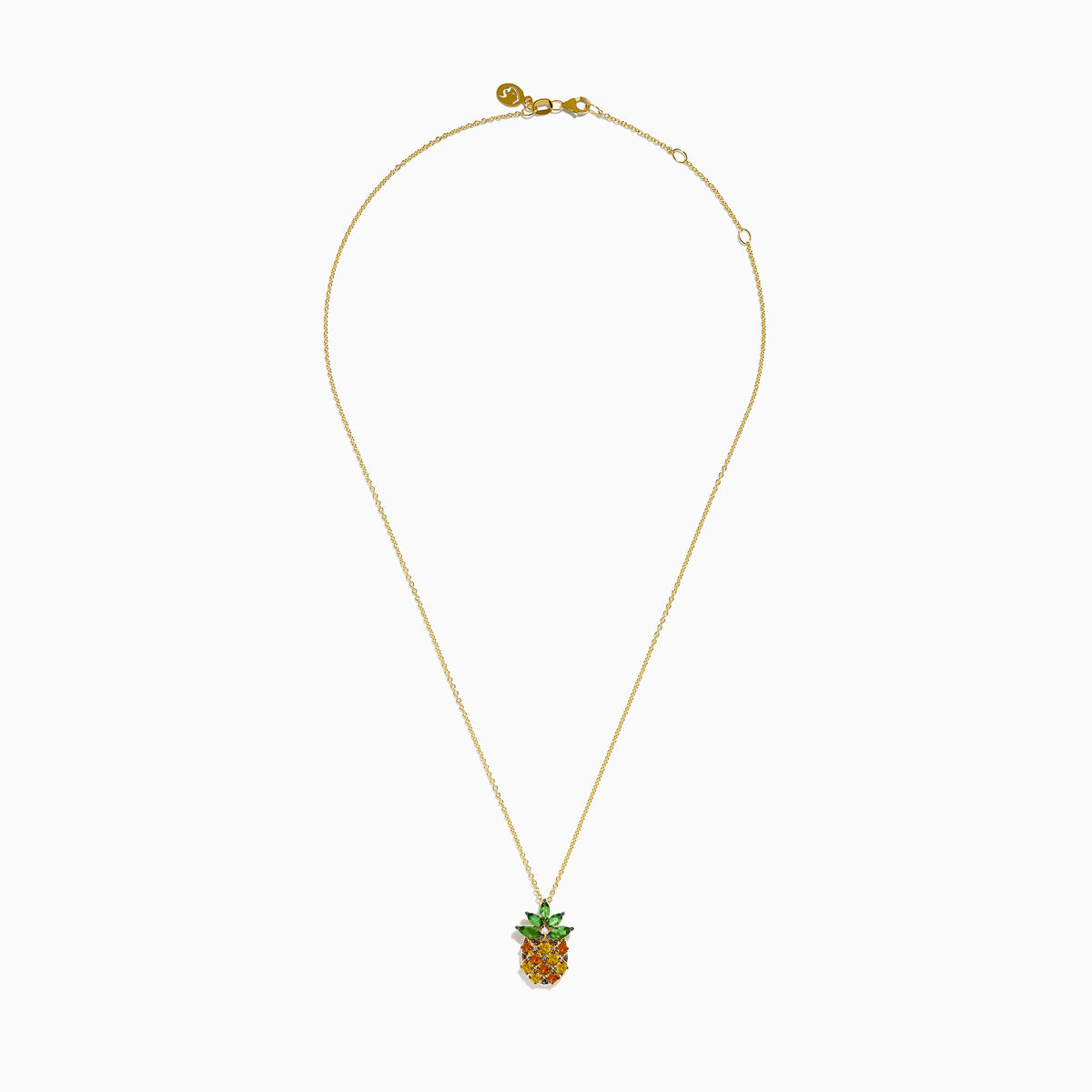 The 14K Yellow Gold Multi Sapphire, Tsavorite, and Diamond Pineapple Pendant features a colorful fruit-inspired design on a delicate chain—a vibrant statement accessory.