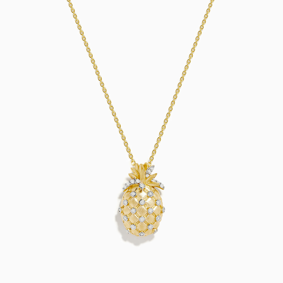 The Novelty 14K Yellow Gold Diamond Pineapple Pendant features a delicate gold chain and crisscrossed white gemstones, creating a charming accent against a white background.