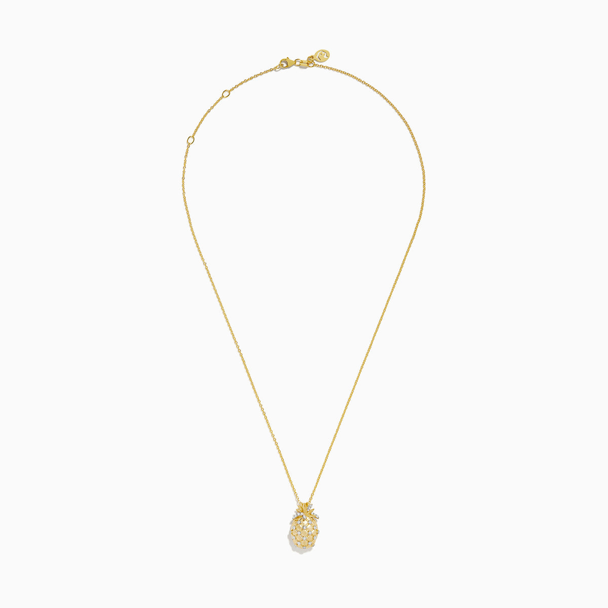 The Novelty 14K Yellow Gold Diamond Pineapple Pendant features a delicate gold chain and crisscrossed white gemstones, creating a charming accent against a white background.