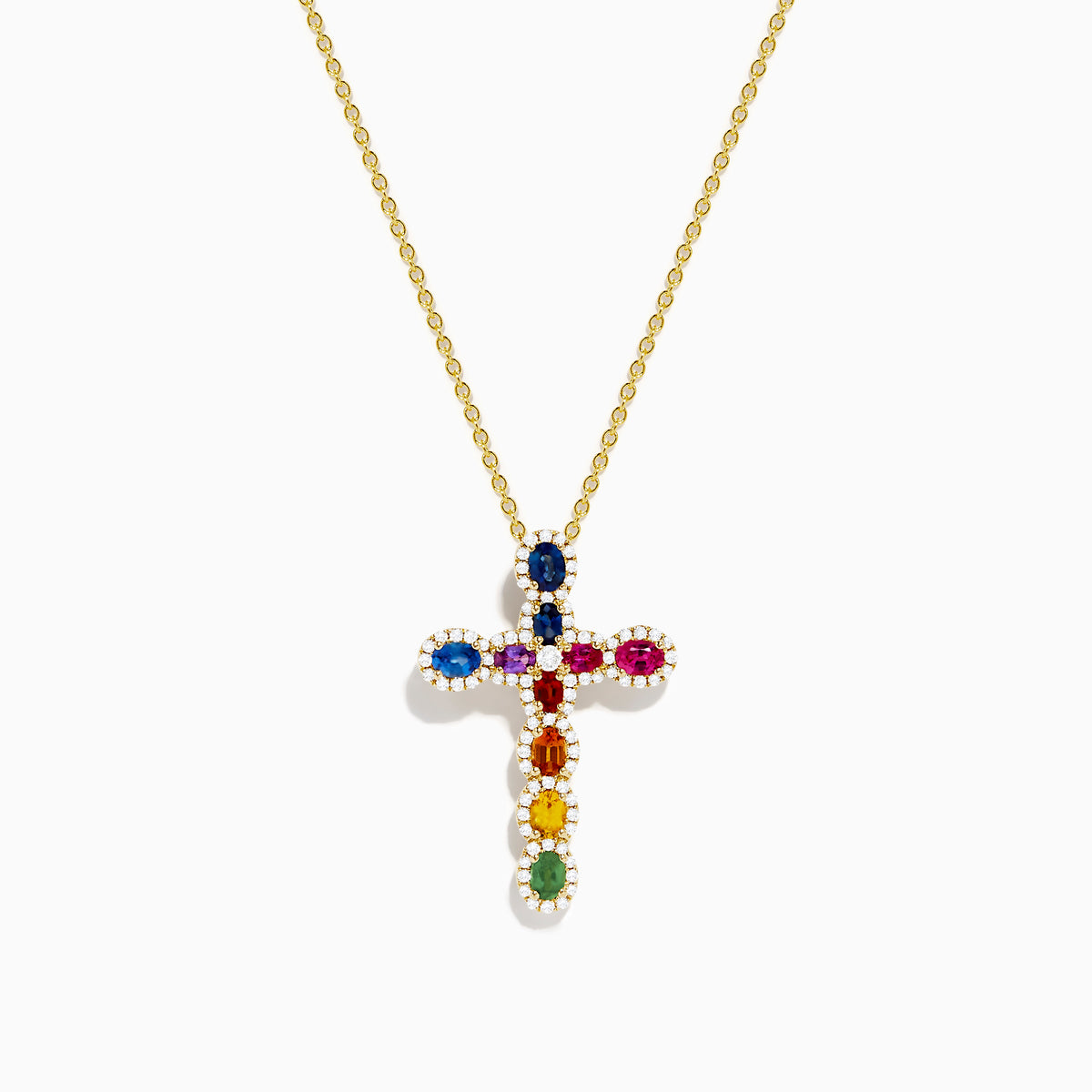 The Watercolors 14K Yellow Gold Cross Pendant features a yellow gold chain and cross adorned with colorful gemstones in various shapes, accented by small white stones, creating a rainbow effect.