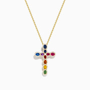 The Watercolors 14K Yellow Gold Cross Pendant features a yellow gold chain and cross adorned with colorful gemstones in various shapes, accented by small white stones, creating a rainbow effect.