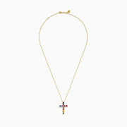 The Watercolors 14K Yellow Gold Cross Pendant features a yellow gold chain and cross adorned with colorful gemstones in various shapes, accented by small white stones, creating a rainbow effect.