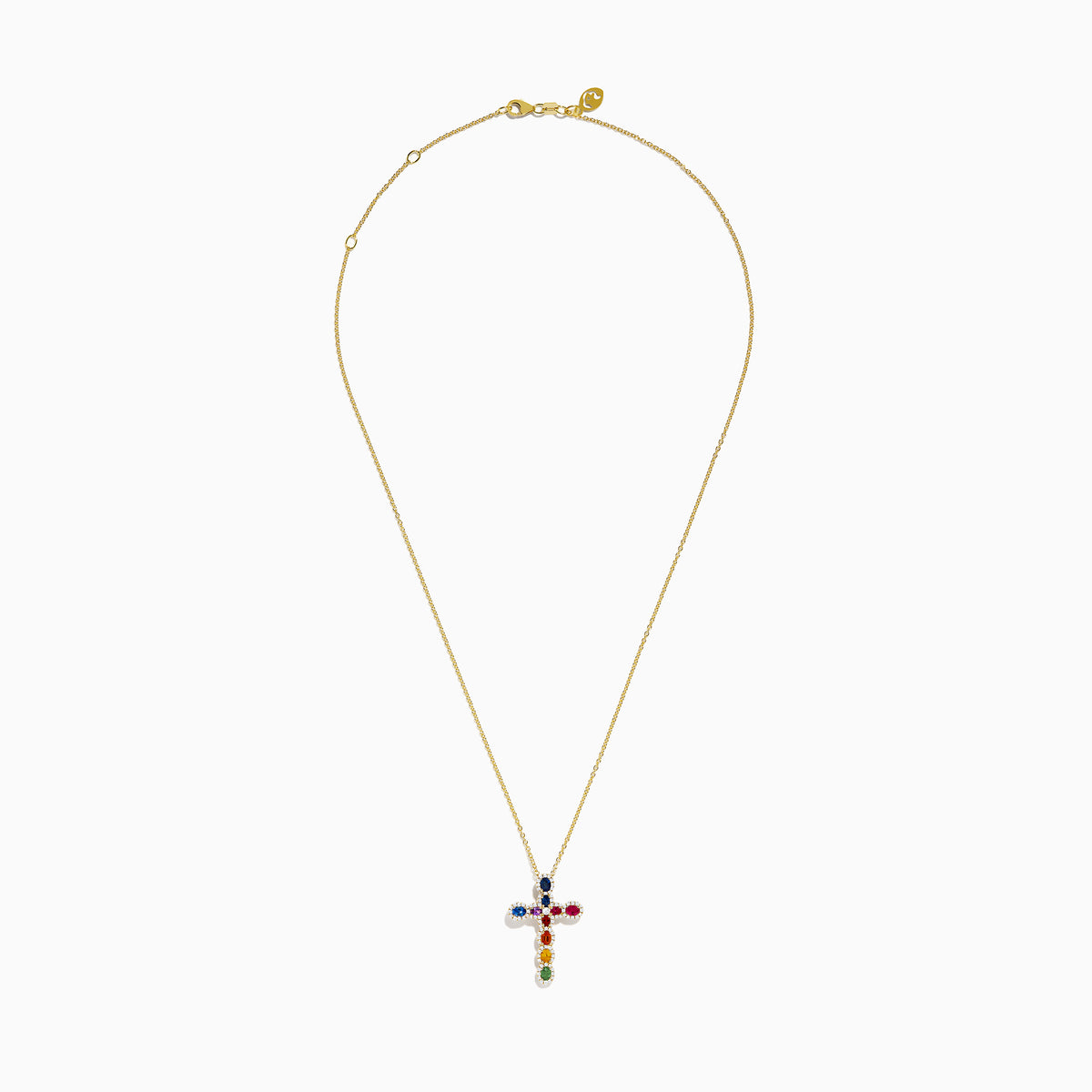 The Watercolors 14K Yellow Gold Cross Pendant features a yellow gold chain and cross adorned with colorful gemstones in various shapes, accented by small white stones, creating a rainbow effect.