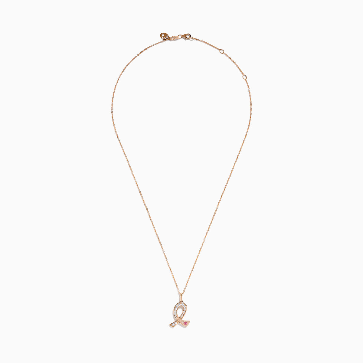 The Novelty 14K Rose Gold Pink Sapphire & Diamond Pink Ribbon Pendant features a diamond pink ribbon with clear gemstones and a single pink sapphire, displayed on a rose gold chain against a plain white background.