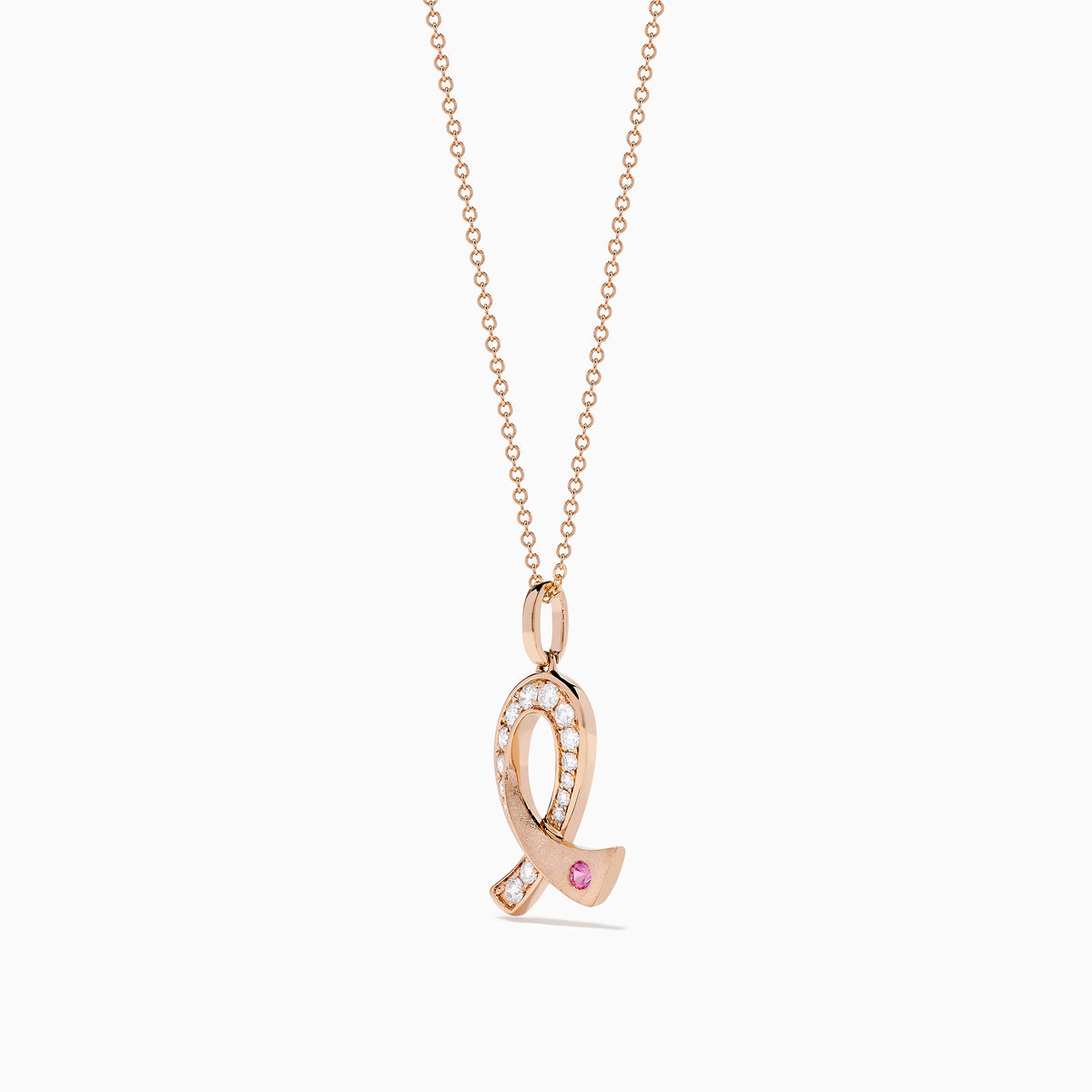 The Novelty 14K Rose Gold Pink Sapphire & Diamond Pink Ribbon Pendant features a diamond pink ribbon with clear gemstones and a single pink sapphire, displayed on a rose gold chain against a plain white background.