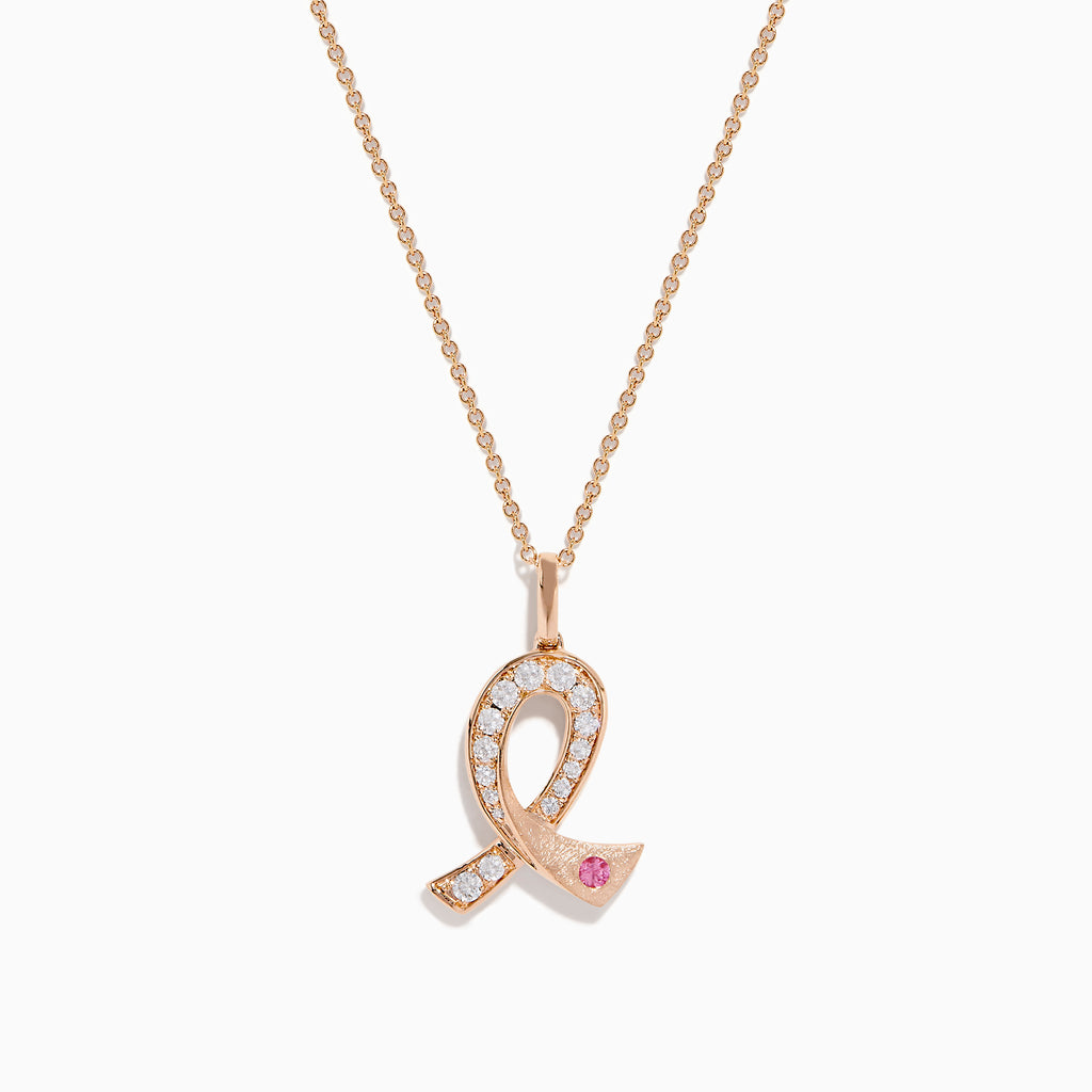 The Novelty 14K Rose Gold Pink Sapphire & Diamond Pink Ribbon Pendant features a diamond pink ribbon with clear gemstones and a single pink sapphire, displayed on a rose gold chain against a plain white background.