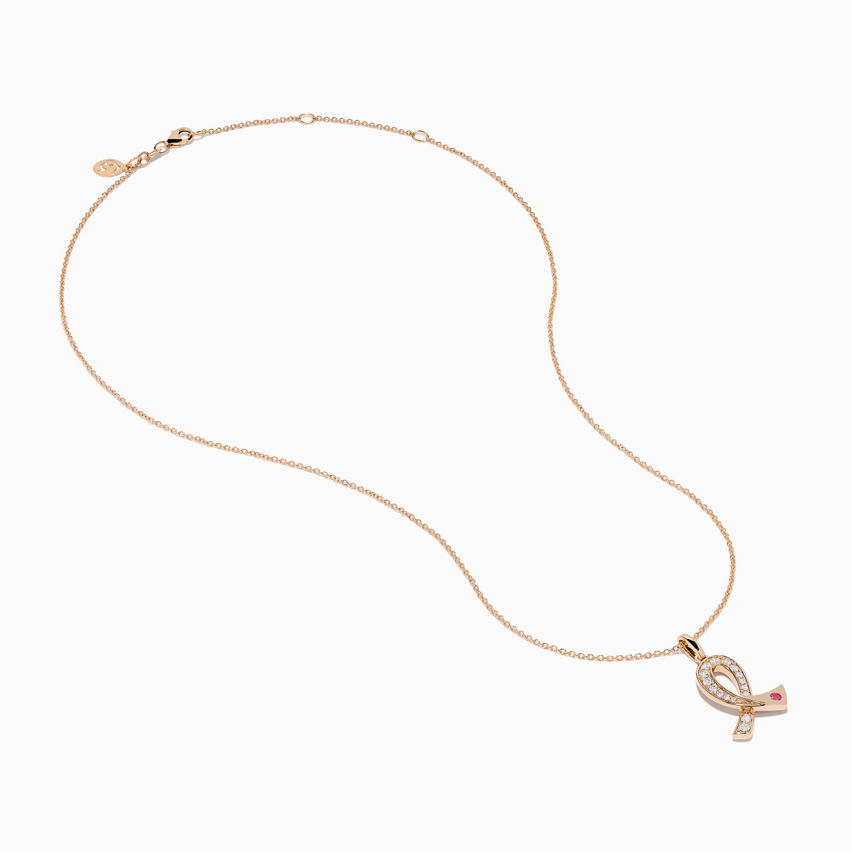 The Novelty 14K Rose Gold Pink Sapphire & Diamond Pink Ribbon Pendant features a diamond pink ribbon with clear gemstones and a single pink sapphire, displayed on a rose gold chain against a plain white background.