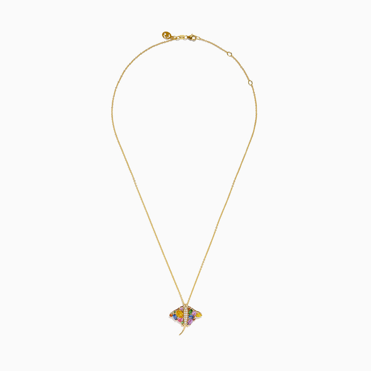 The Seaside 14K Yellow Gold Multi Sapphire and Diamond Stingray Pendant features vibrant yellow, blue, green, and purple sapphires with a diamond on a fine gold chain, set against a white background.