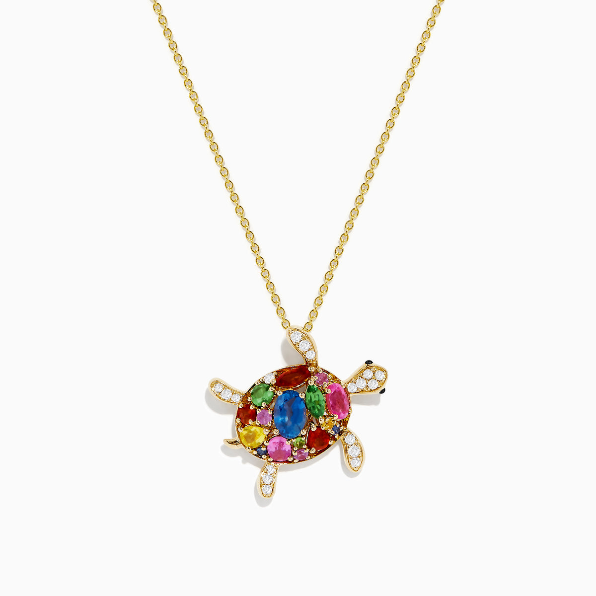 The Seaside 14K Yellow Gold Multi Sapphire and Diamond Turtle Pendant features sapphire gemstones on the shell and diamonds on the head and limbs, all hanging from a delicate gold chain.