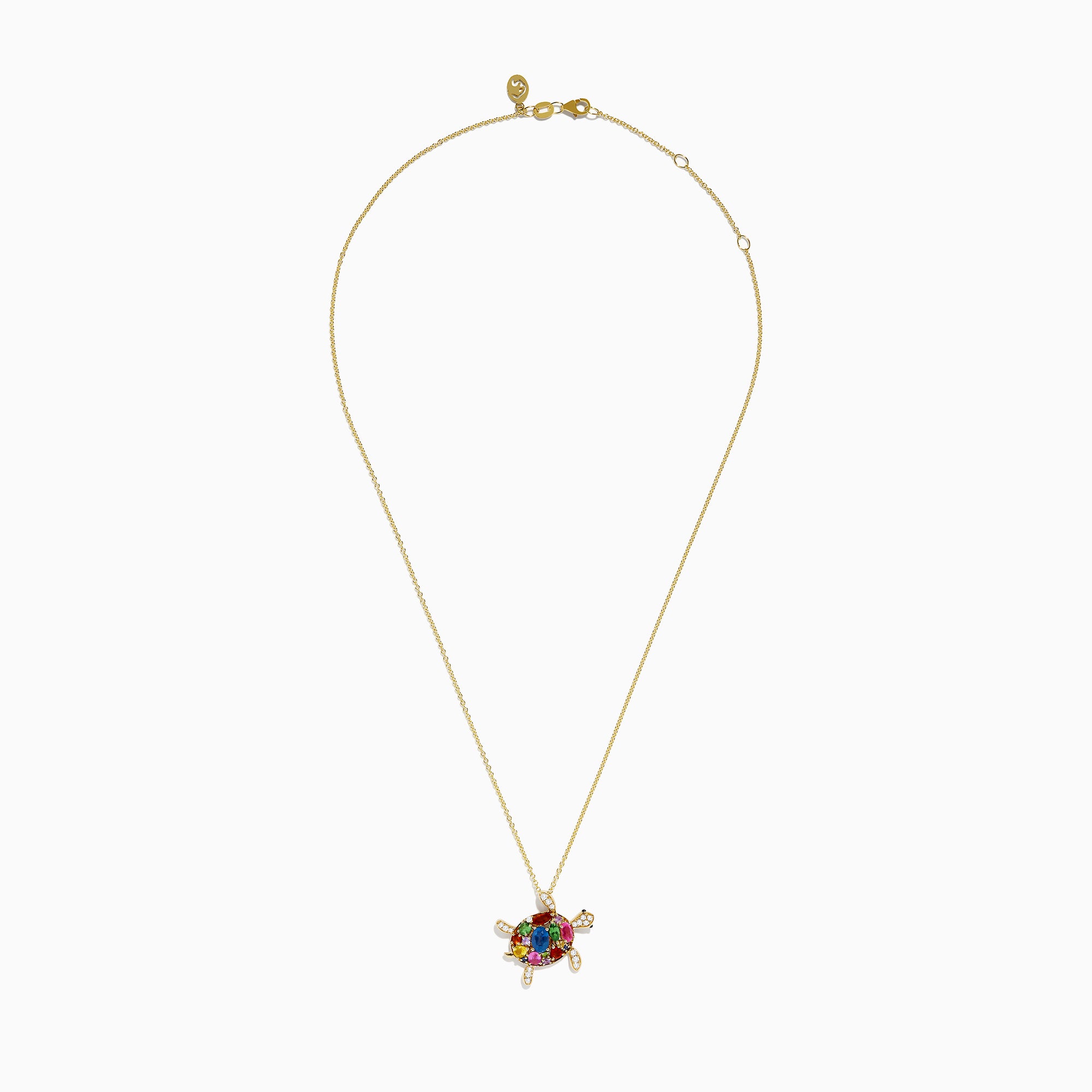 The Seaside 14K Yellow Gold Multi Sapphire and Diamond Turtle Pendant features sapphire gemstones on the shell and diamonds on the head and limbs, all hanging from a delicate gold chain.