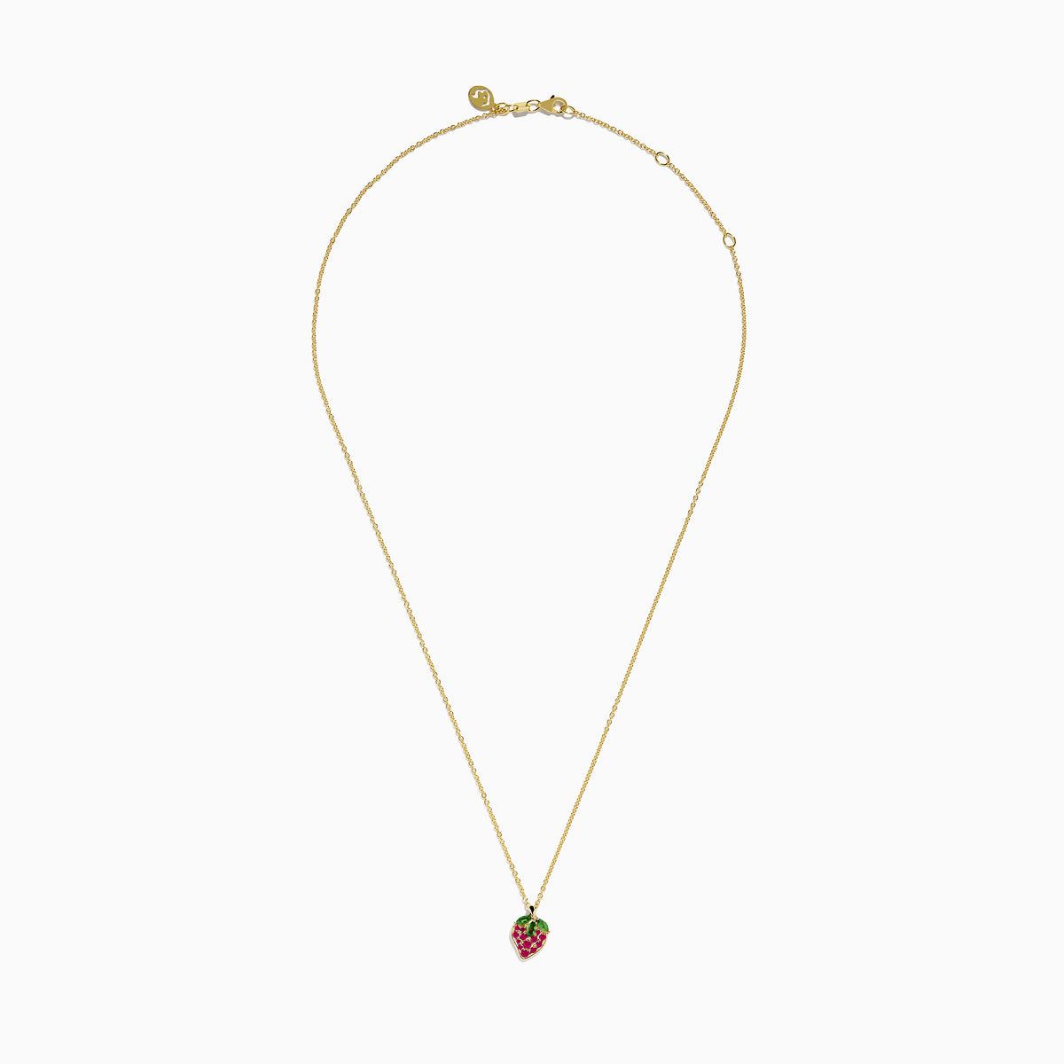 The Novelty 14K Yellow Gold Ruby and Tsavorite Strawberry Pendant features red rubies and green tsavorites on a chain necklace, capturing a strawberry’s shape and leafy top against a plain white background.
