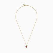 The Novelty 14K Yellow Gold Ruby and Tsavorite Strawberry Pendant features red rubies and green tsavorites on a chain necklace, capturing a strawberry’s shape and leafy top against a plain white background.