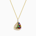 The Seaside 14K Yellow Gold Diamond Multi Sapphire Boat Pendant features clear diamonds and vibrant multi-colored sapphires—red, green, blue, purple, and yellow—adorned on the sail.