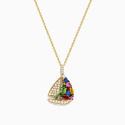 The Seaside 14K Yellow Gold Diamond Multi Sapphire Boat Pendant features clear diamonds and vibrant multi-colored sapphires—red, green, blue, purple, and yellow—adorned on the sail.