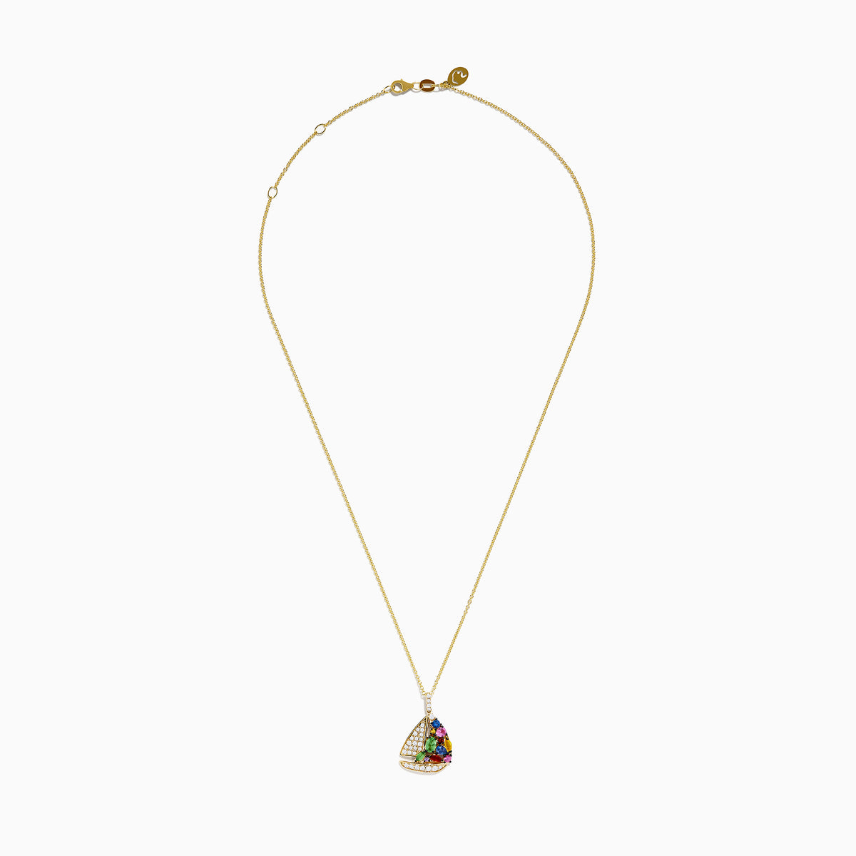 The Seaside 14K Yellow Gold Diamond Multi Sapphire Boat Pendant features clear diamonds and vibrant multi-colored sapphires—red, green, blue, purple, and yellow—adorned on the sail.