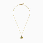 The Seaside 14K Yellow Gold Diamond Multi Sapphire Boat Pendant features clear diamonds and vibrant multi-colored sapphires—red, green, blue, purple, and yellow—adorned on the sail.