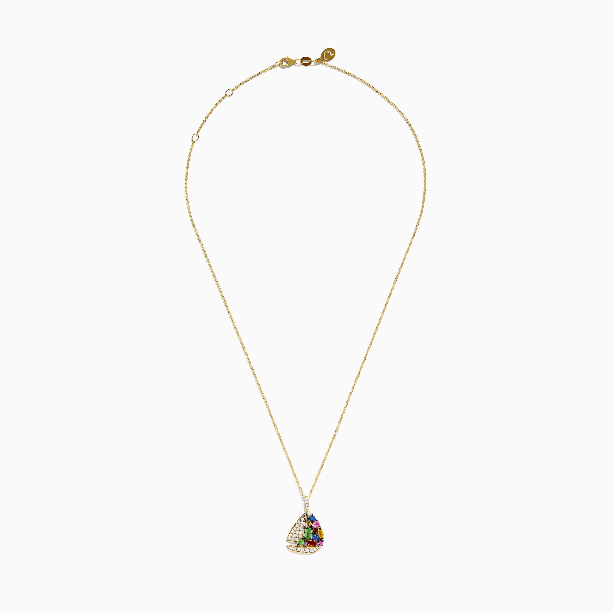 The Seaside 14K Yellow Gold Diamond Multi Sapphire Boat Pendant features clear diamonds and vibrant multi-colored sapphires—red, green, blue, purple, and yellow—adorned on the sail.
