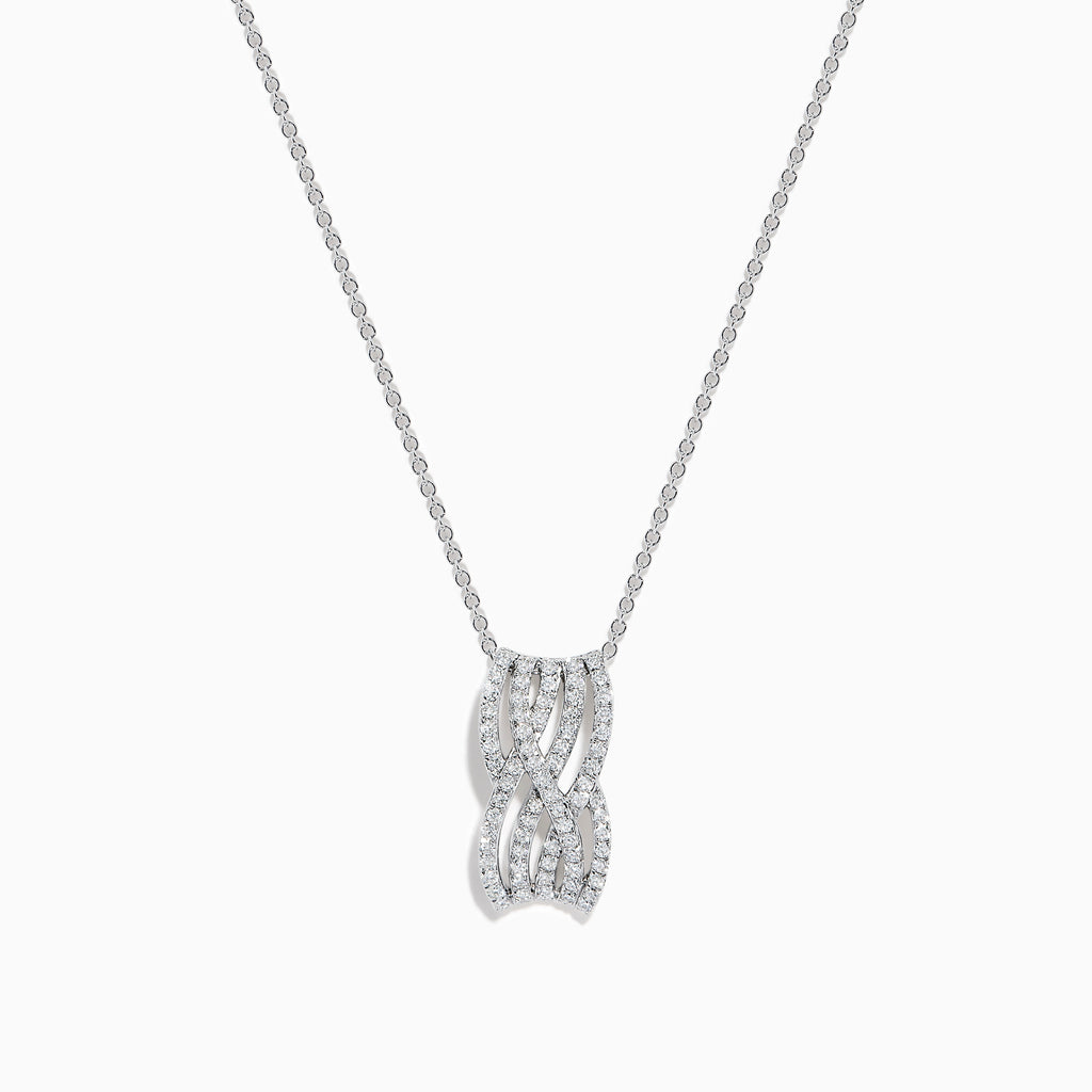 14K White Gold Diamond Multi-Row Crisscross Pendant featuring an intertwined double-loop design encrusted with sparkling diamonds, displayed on a white background.