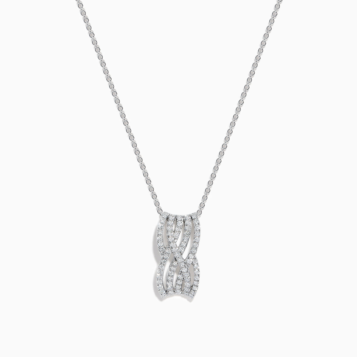 14K White Gold Diamond Multi-Row Crisscross Pendant featuring an intertwined double-loop design encrusted with sparkling diamonds, displayed on a white background.