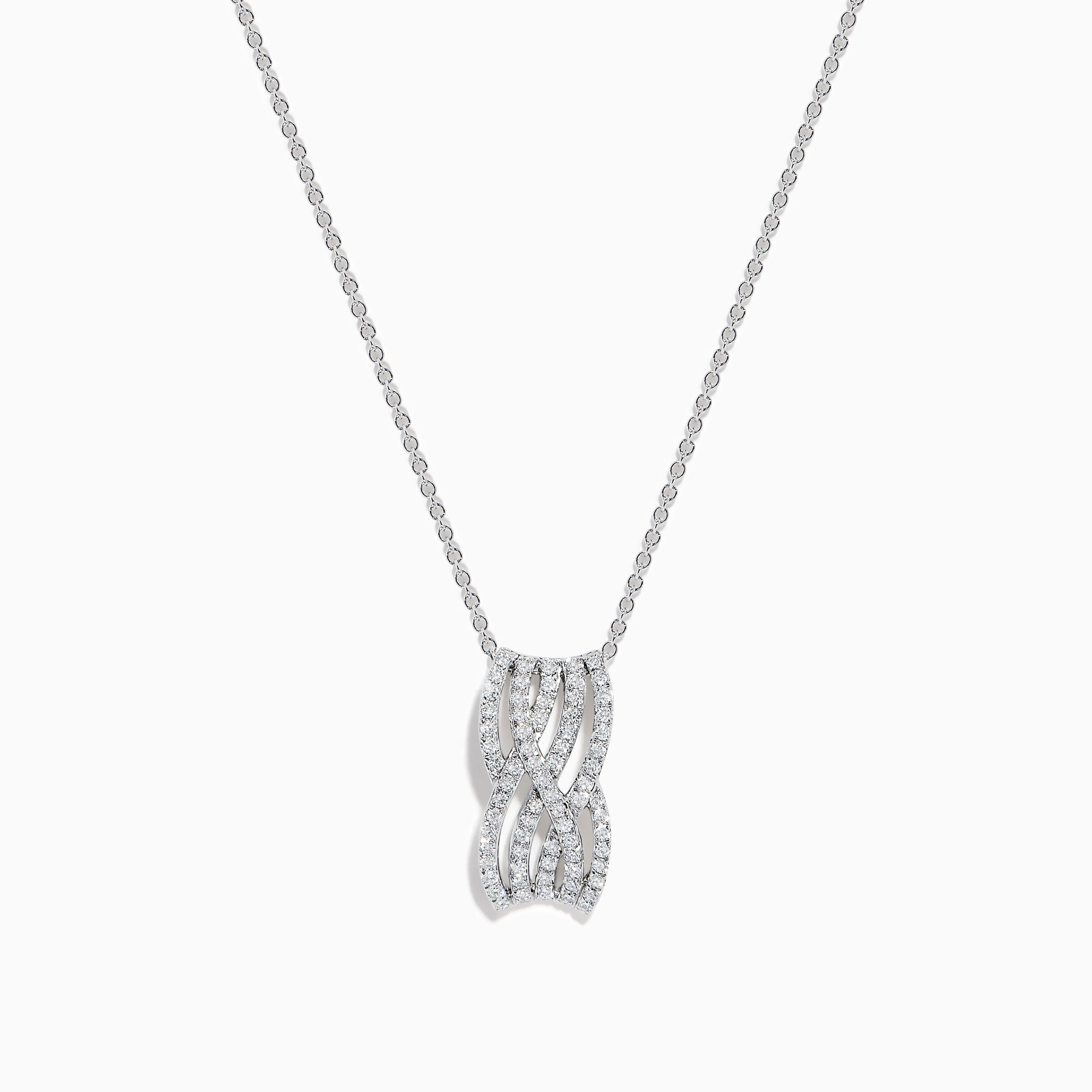 14K White Gold Diamond Multi-Row Crisscross Pendant featuring an intertwined double-loop design encrusted with sparkling diamonds, displayed on a white background.