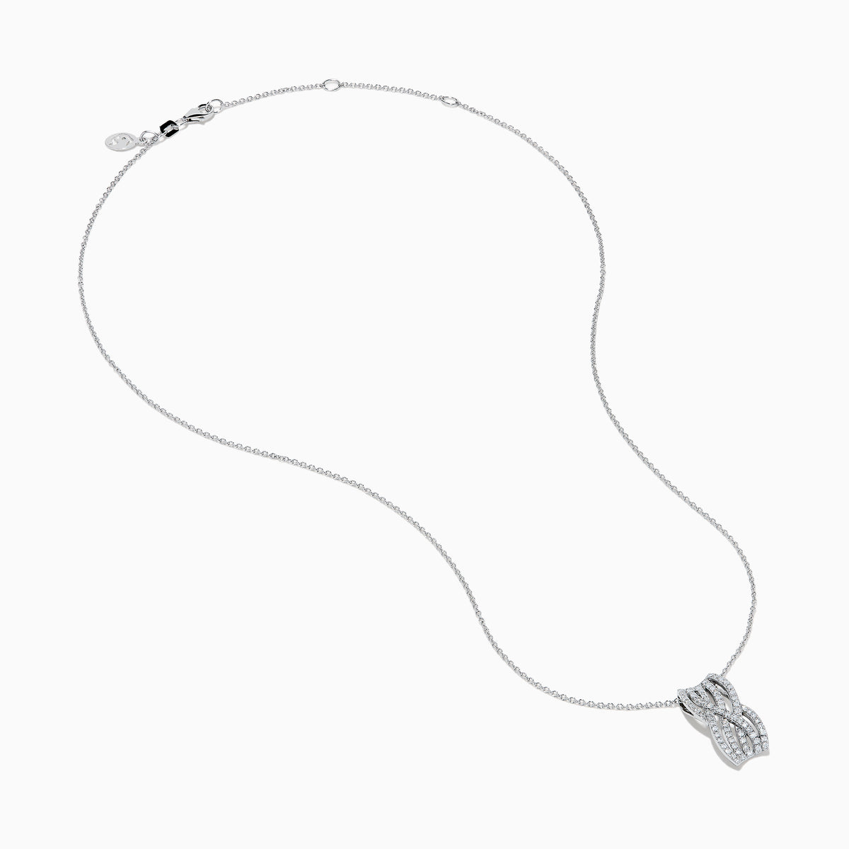 14K White Gold Diamond Multi-Row Crisscross Pendant featuring an intertwined double-loop design encrusted with sparkling diamonds, displayed on a white background.