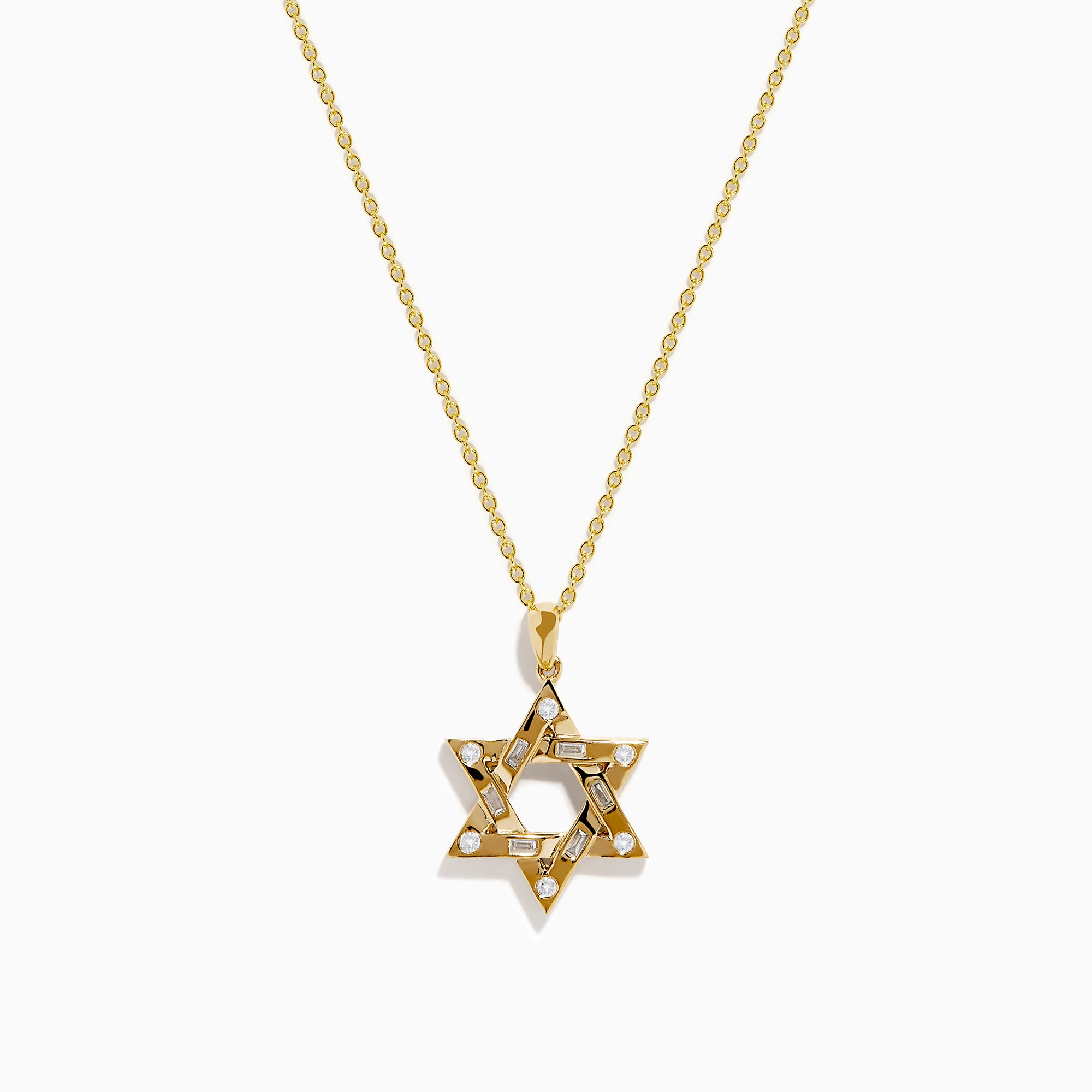 The 14K Yellow Gold Diamond Star of David Pendant features a shining diamond centerpiece and sparkling gemstones along the edges, set on a classic gold chain.