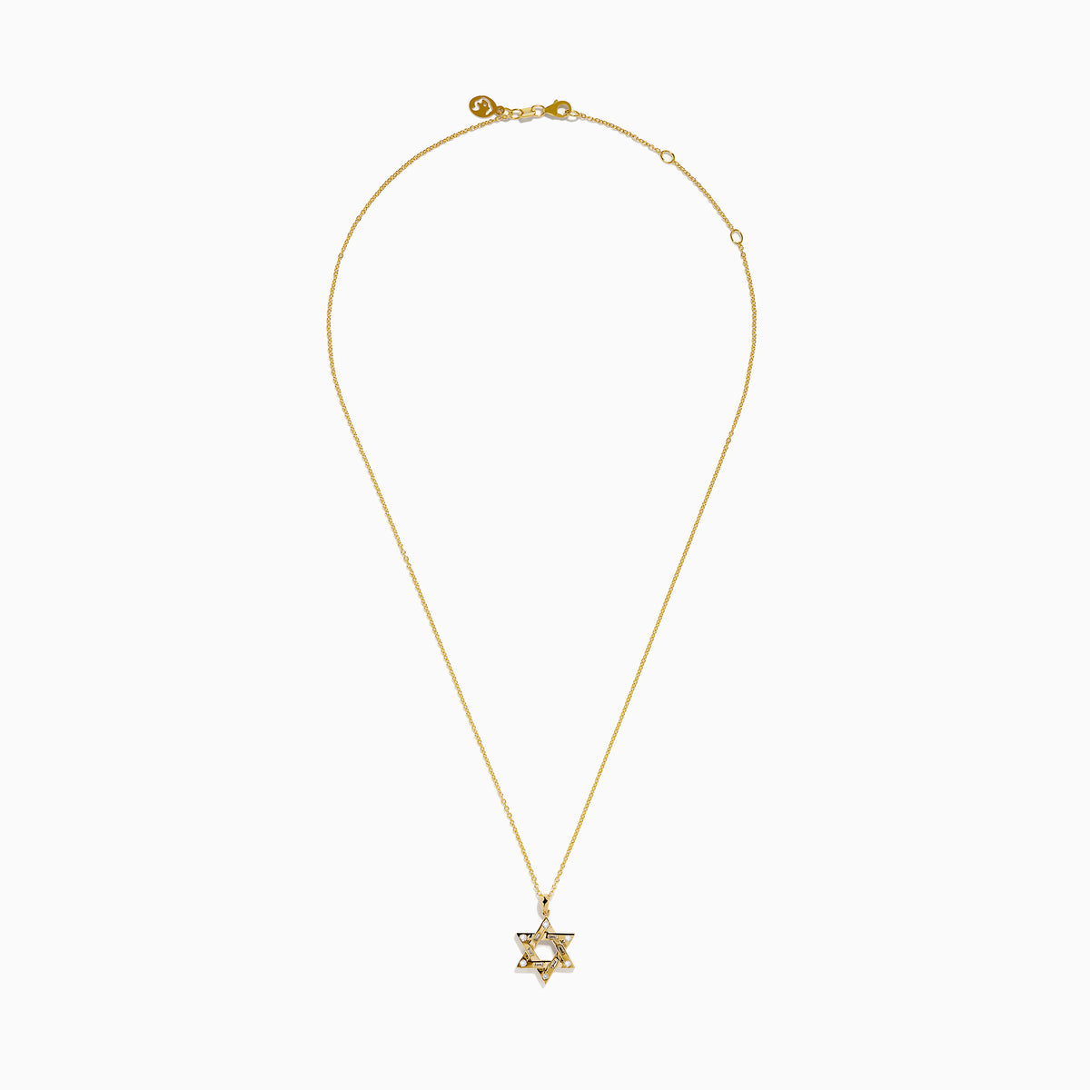 The 14K Yellow Gold Diamond Star of David Pendant features a shining diamond centerpiece and sparkling gemstones along the edges, set on a classic gold chain.