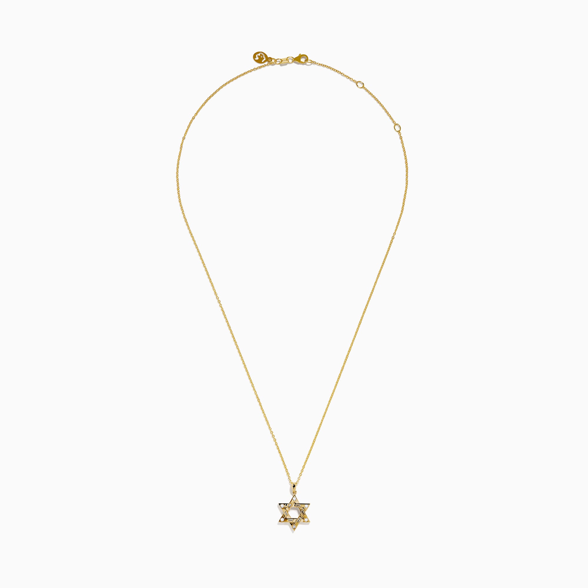 The 14K Yellow Gold Diamond Star of David Pendant features a shining diamond centerpiece and sparkling gemstones along the edges, set on a classic gold chain.