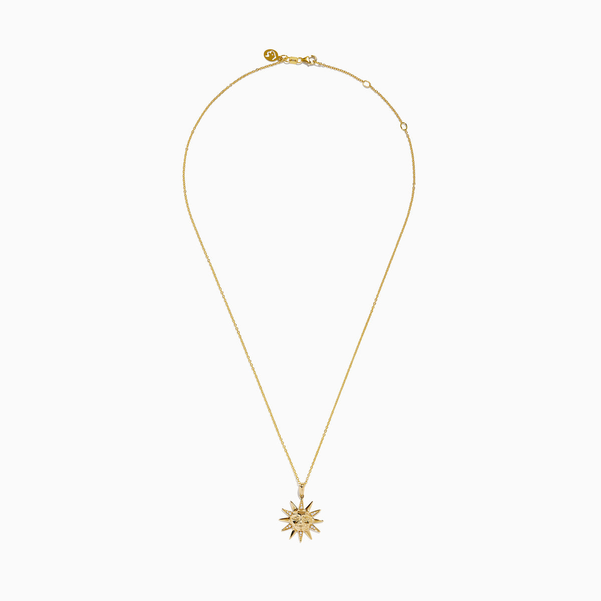 The Nature 14K Yellow Gold Diamond Sun Pendant features a sun-shaped design with a detailed face and diamond accents on the rays, shown against a white background.