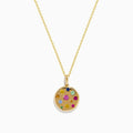 The Watercolors 14K Yellow Gold Multi Color Coin Pendant necklace features vibrant, watercolor-like gemstones in various sizes, showcased on a plain white background.