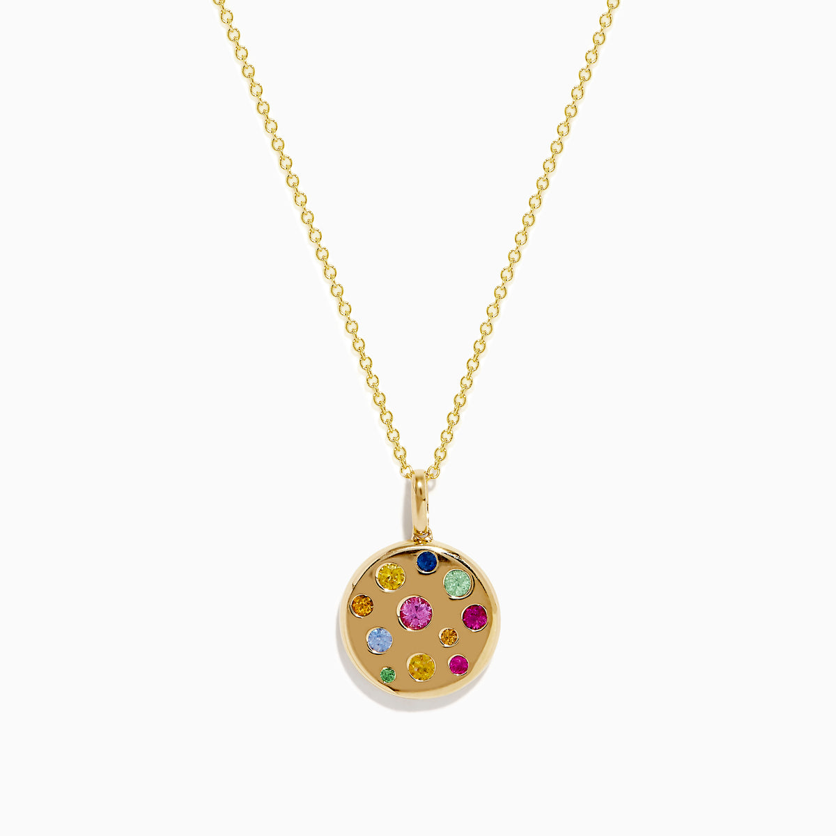 The Watercolors 14K Yellow Gold Multi Color Coin Pendant necklace features vibrant, watercolor-like gemstones in various sizes, showcased on a plain white background.
