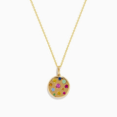 The Watercolors 14K Yellow Gold Multi Color Coin Pendant necklace features vibrant, watercolor-like gemstones in various sizes, showcased on a plain white background.