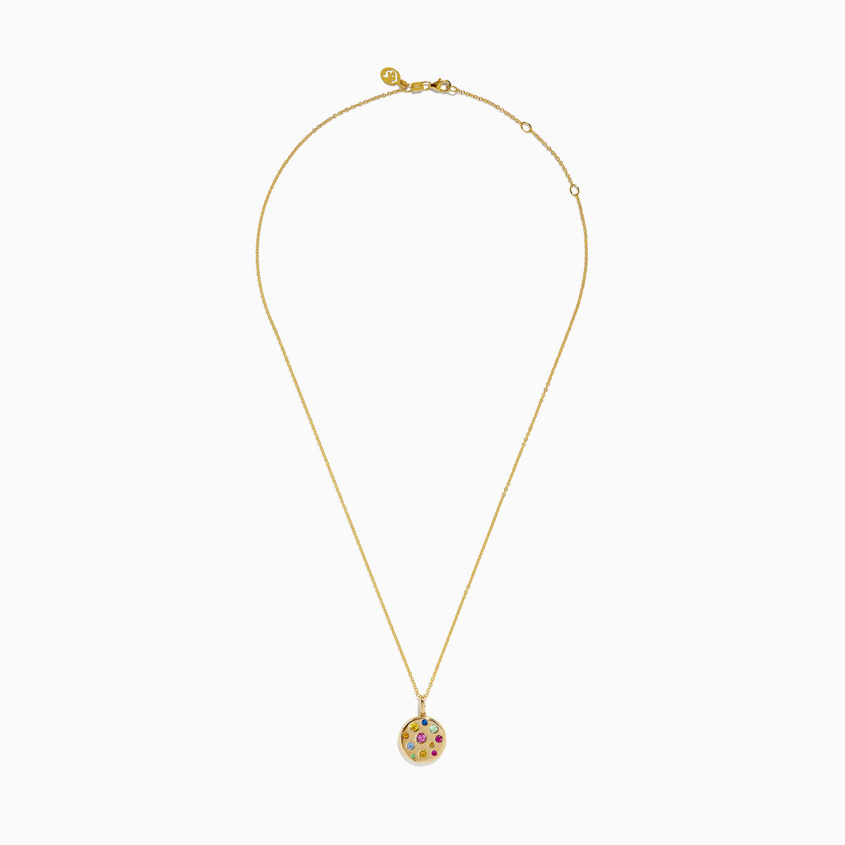 The Watercolors 14K Yellow Gold Multi Color Coin Pendant necklace features vibrant, watercolor-like gemstones in various sizes, showcased on a plain white background.