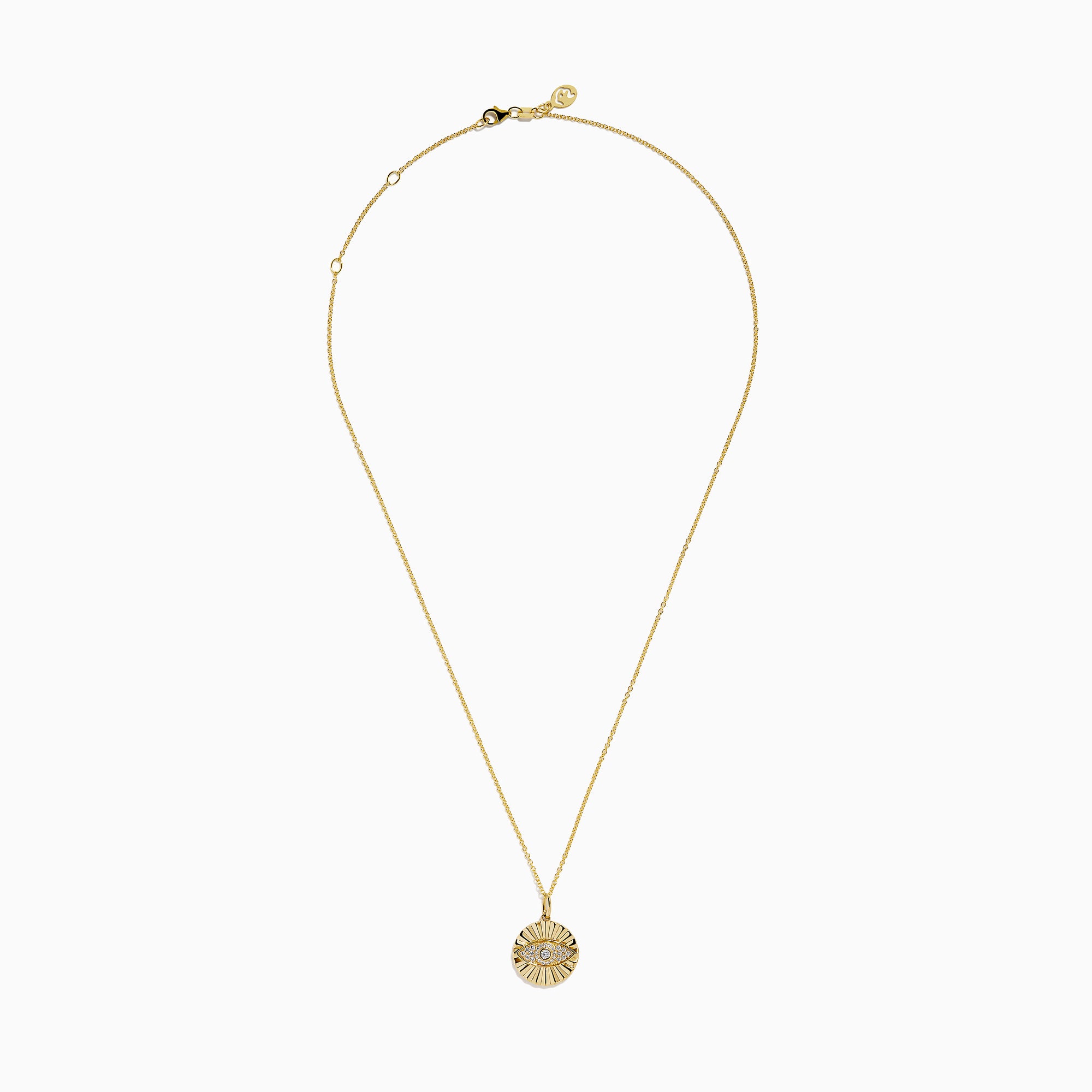 The Novelty 14K Yellow Gold Diamond Evil Eye Pendant features a round design with a raised sunburst and eye motif, accented by sparkling diamonds—an elegant twist on classic evil eye jewelry.