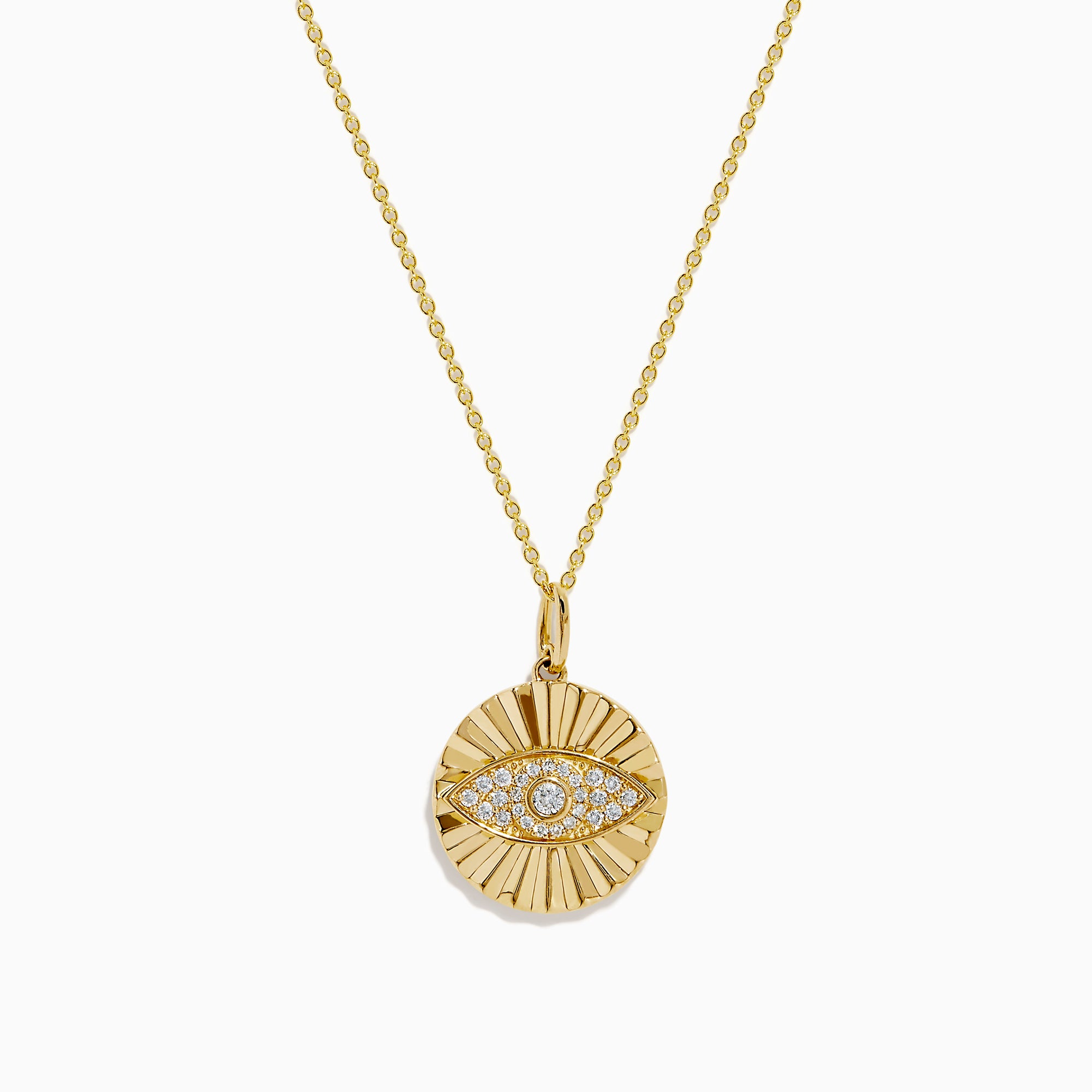 The Novelty 14K Yellow Gold Diamond Evil Eye Pendant features a round design with a raised sunburst and eye motif, accented by sparkling diamonds—an elegant twist on classic evil eye jewelry.