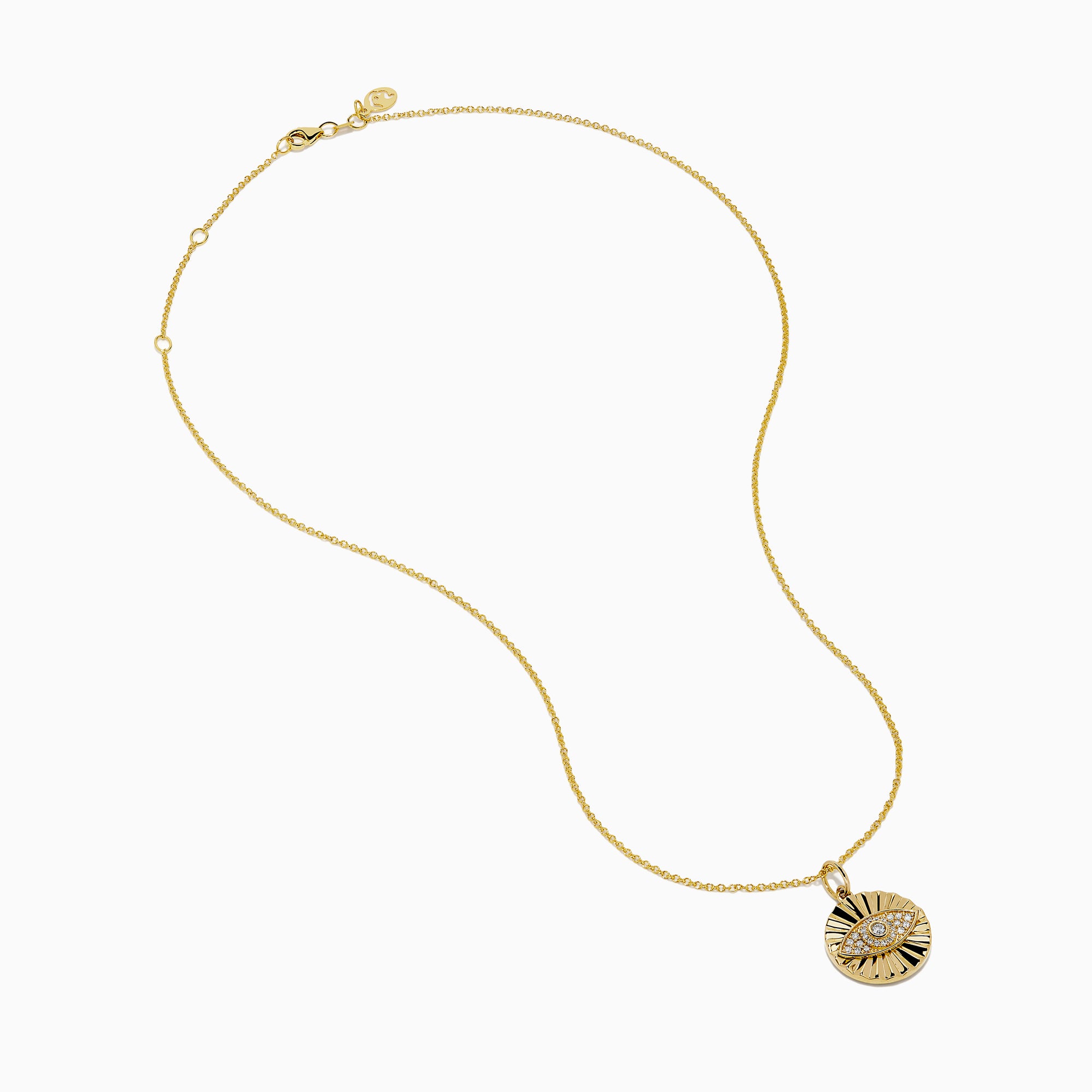 The Novelty 14K Yellow Gold Diamond Evil Eye Pendant features a round design with a raised sunburst and eye motif, accented by sparkling diamonds—an elegant twist on classic evil eye jewelry.