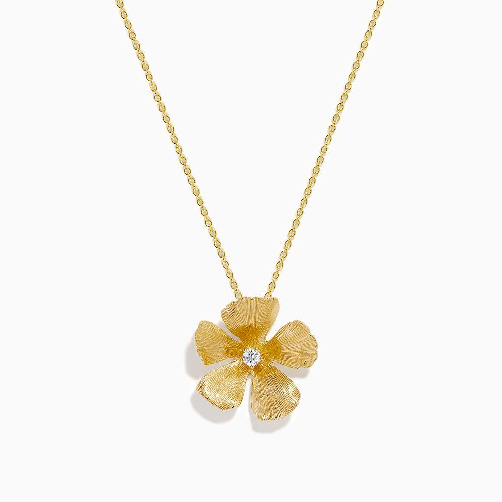 The 14K Yellow Gold Diamond Five-Petal Flower Pendant showcases a textured flower design with a central diamond, presented on a plain white background.