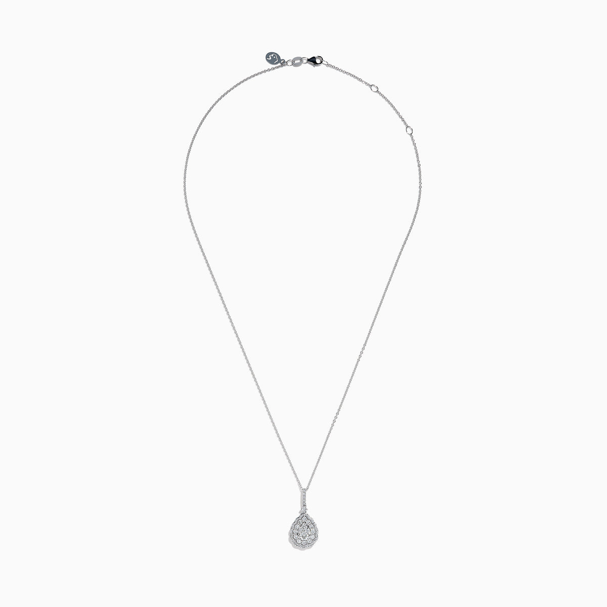 A 14K White Gold Diamond Pear Cluster Pendant featuring a delicate chain and a teardrop-shaped pendant adorned with sparkling diamonds in a floral pattern.