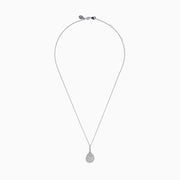 A 14K White Gold Diamond Pear Cluster Pendant featuring a delicate chain and a teardrop-shaped pendant adorned with sparkling diamonds in a floral pattern.